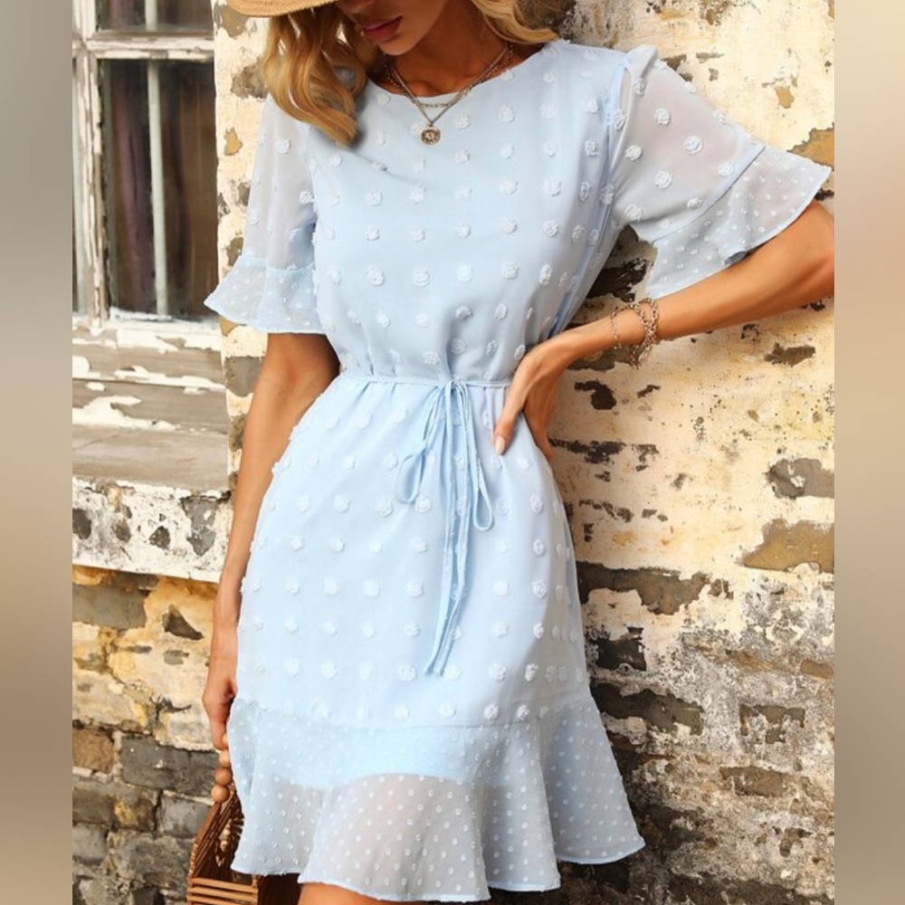 Shein Baby Blue Swiss Dot Flounce Sleeve Belted Dress